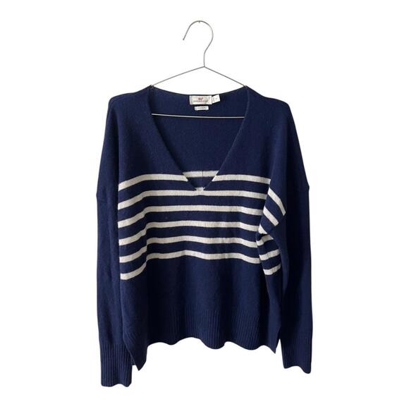 Vineyard Vines Seaspun 100% Cashmere Blue/White VNeck Sweater Lightweight Large - Picture 2 of 9